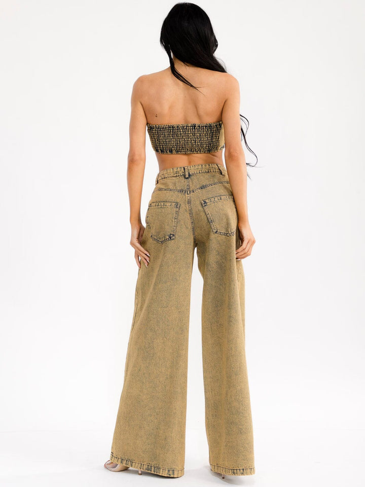 WOMEN'S SLEEVELESS CROP TOP & BUTTON CLOSURE WIDE LEG PANTS WASHED DENIM 2PC. SET