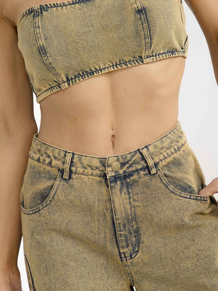 WOMEN'S SLEEVELESS CROP TOP & BUTTON CLOSURE WIDE LEG PANTS WASHED DENIM 2PC. SET