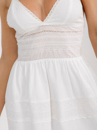 WOMEN'S SLEEVELESS V-NECK OPEN BACK SMOCK EYELET LACE MINI DRESS