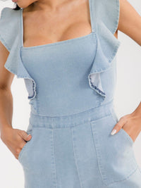 WOMEN'S SLEEVELESS RUFFLE OPEN BACK FRONT POCKETS DENIM ROMPER
