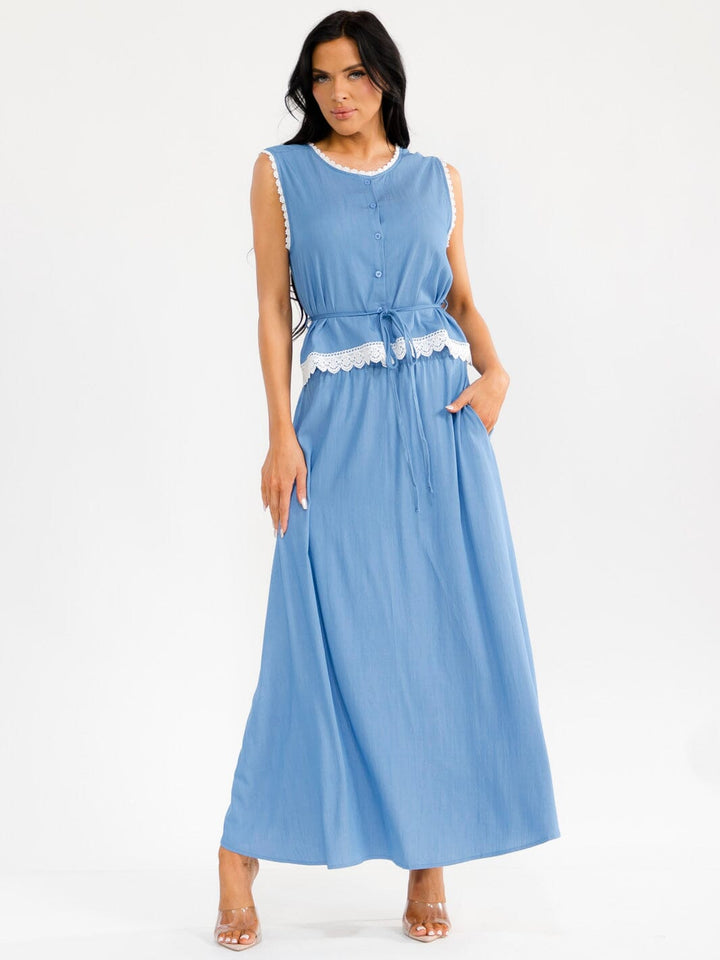 WOMEN'S SLEEVELESS BUTTON UP TOP & ELASTIC WAIST MAXI SKIRT CHAMBRAY 2PC. SET