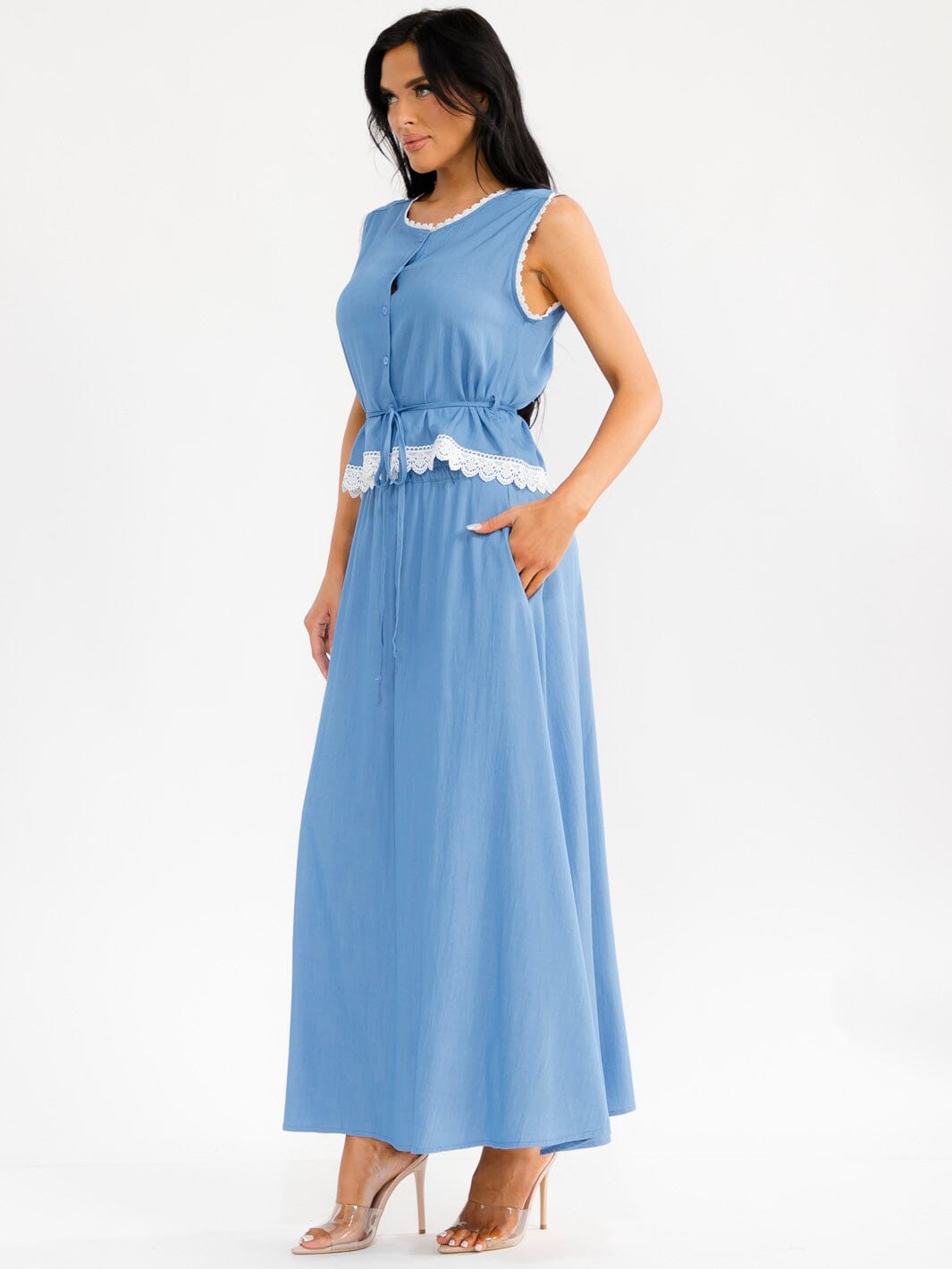 WOMEN'S SLEEVELESS BUTTON UP TOP & ELASTIC WAIST MAXI SKIRT CHAMBRAY 2PC. SET