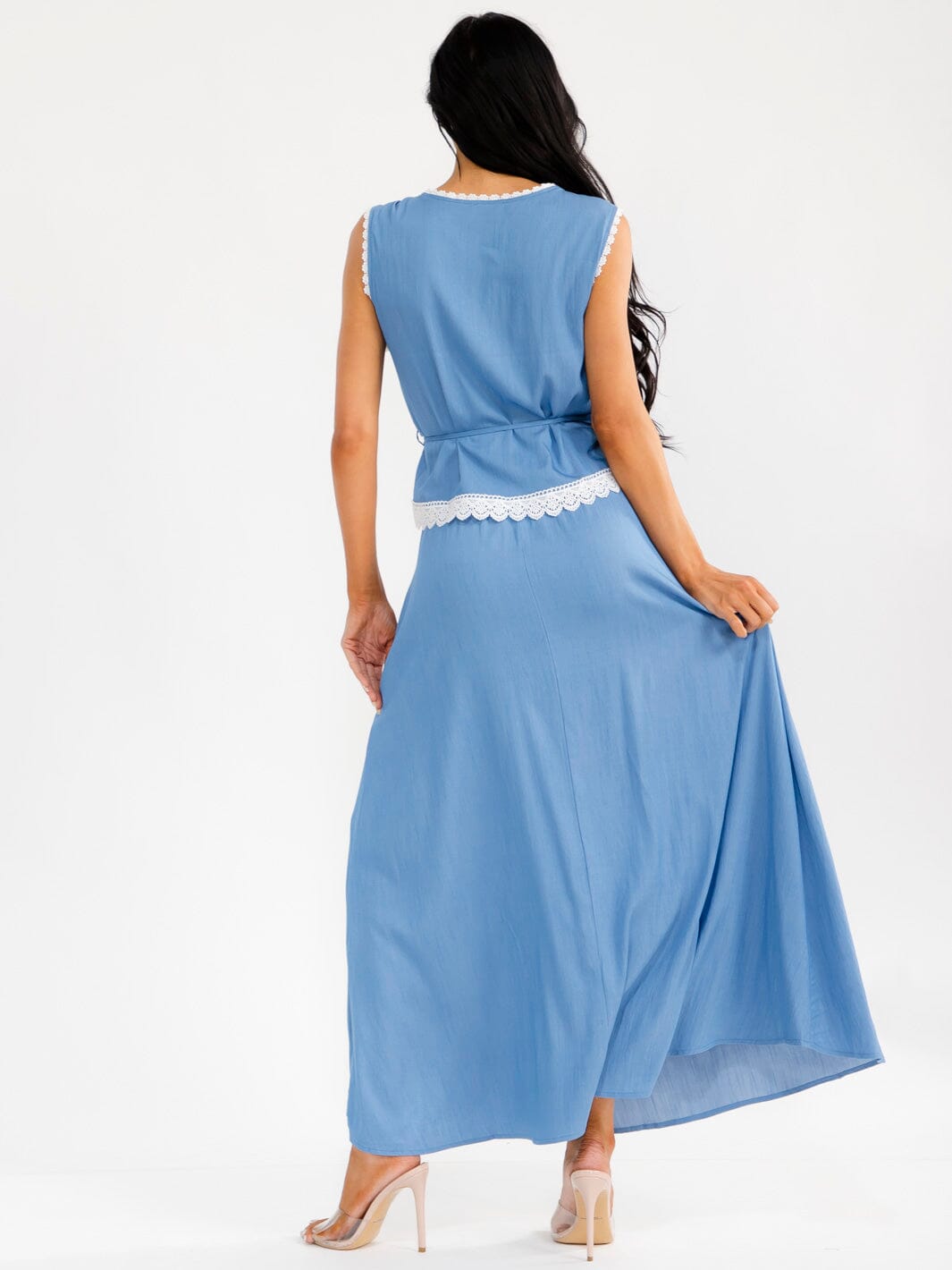 WOMEN'S SLEEVELESS BUTTON UP TOP & ELASTIC WAIST MAXI SKIRT CHAMBRAY 2PC. SET