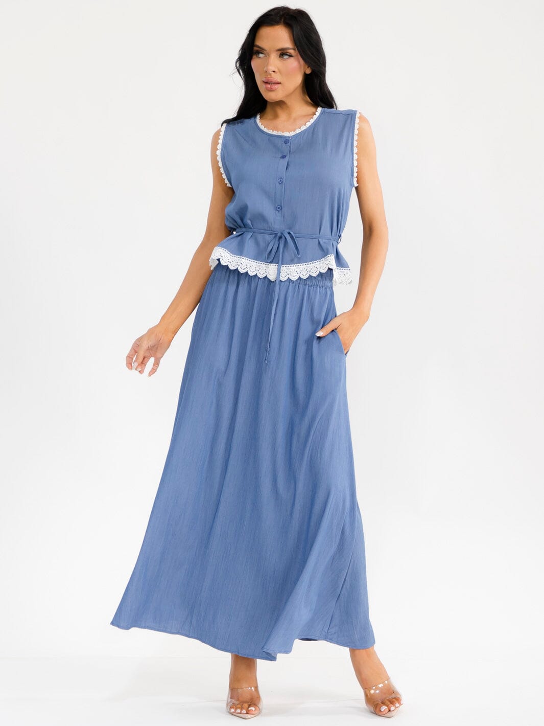 WOMEN'S SLEEVELESS BUTTON UP TOP & ELASTIC WAIST MAXI SKIRT CHAMBRAY 2PC. SET