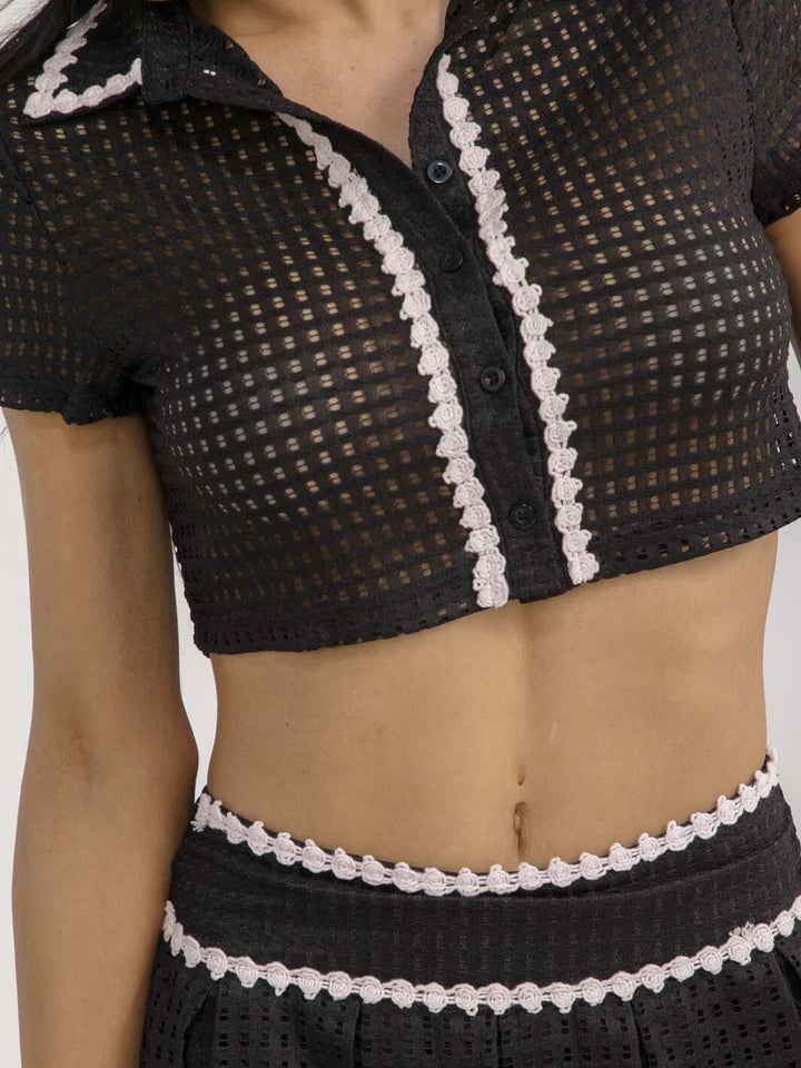 WOMEN'S SHORT SLEEVE CROP TOP & ZIP UP MINI SKORT CROCHET 2PC. SET