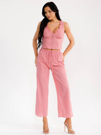WOMEN'S SLEEVELESS BUTTON UP TOP & ELASTIC WAIST WIDE LEG PANTS EYELET 2PC. SET