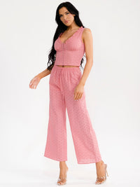 WOMEN'S SLEEVELESS BUTTON UP TOP & ELASTIC WAIST WIDE LEG PANTS EYELET 2PC. SET