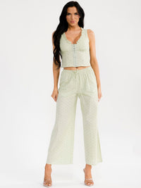 WOMEN'S SLEEVELESS BUTTON UP TOP & ELASTIC WAIST WIDE LEG PANTS EYELET 2PC. SET