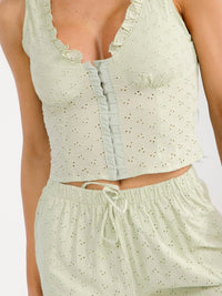 WOMEN'S SLEEVELESS BUTTON UP TOP & ELASTIC WAIST WIDE LEG PANTS EYELET 2PC. SET