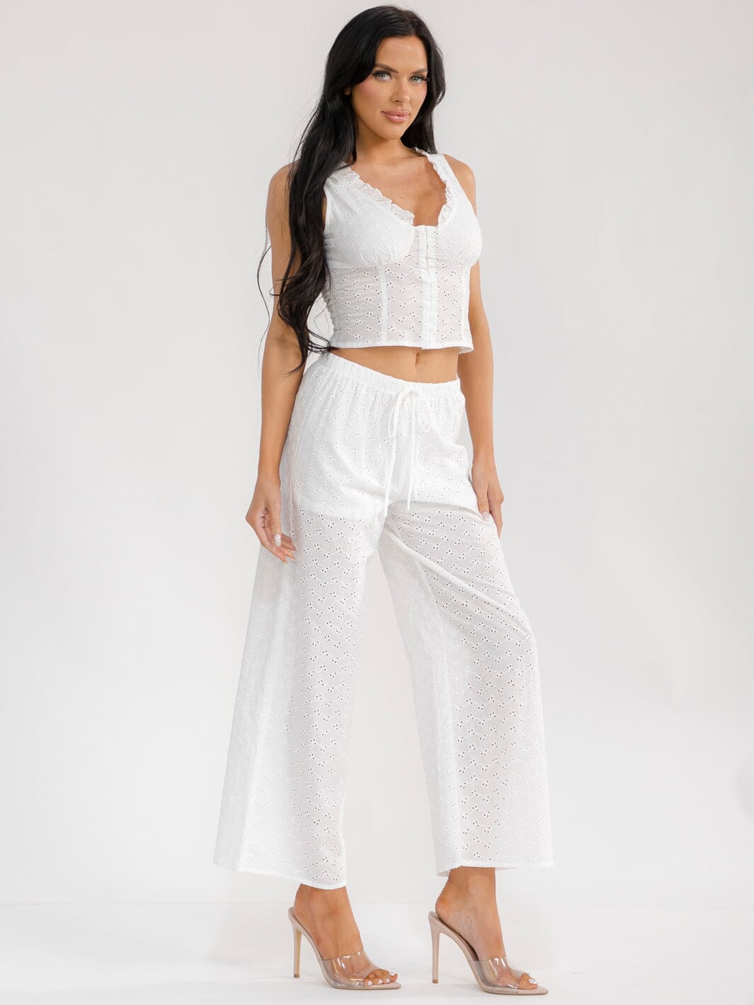 WOMEN'S SLEEVELESS BUTTON UP TOP & ELASTIC WAIST WIDE LEG PANTS EYELET 2PC. SET