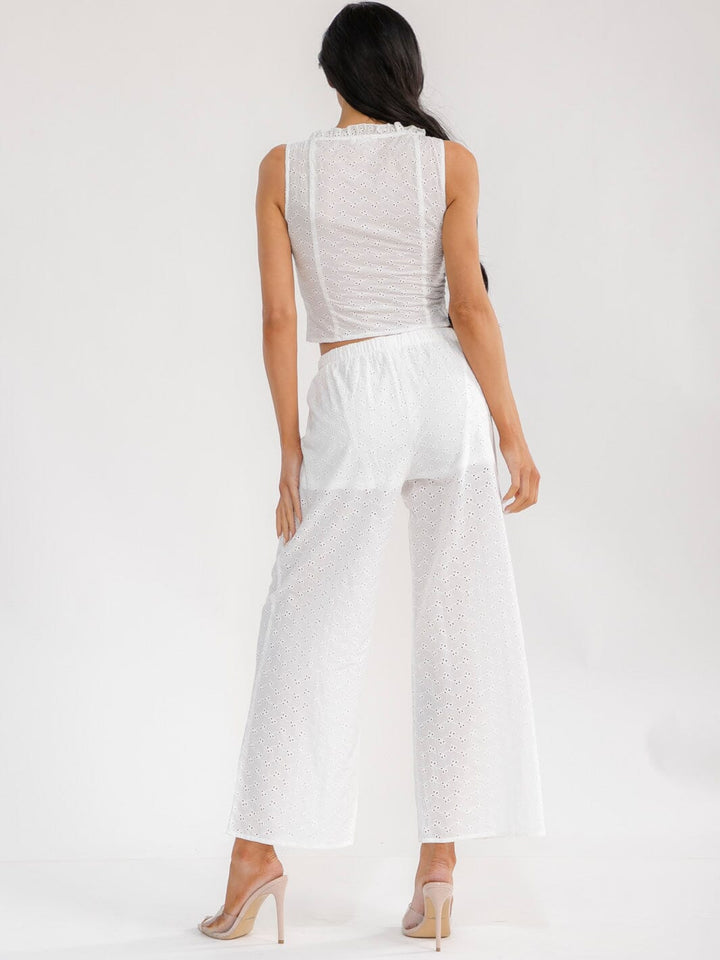 WOMEN'S SLEEVELESS BUTTON UP TOP & ELASTIC WAIST WIDE LEG PANTS EYELET 2PC. SET