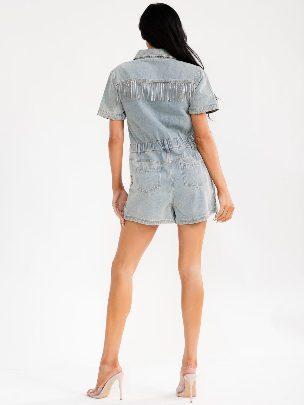WOMEN'S SHORT SLEEVE BUTTON UP FRONT POCKETS FRINGE DENIM ROMPER