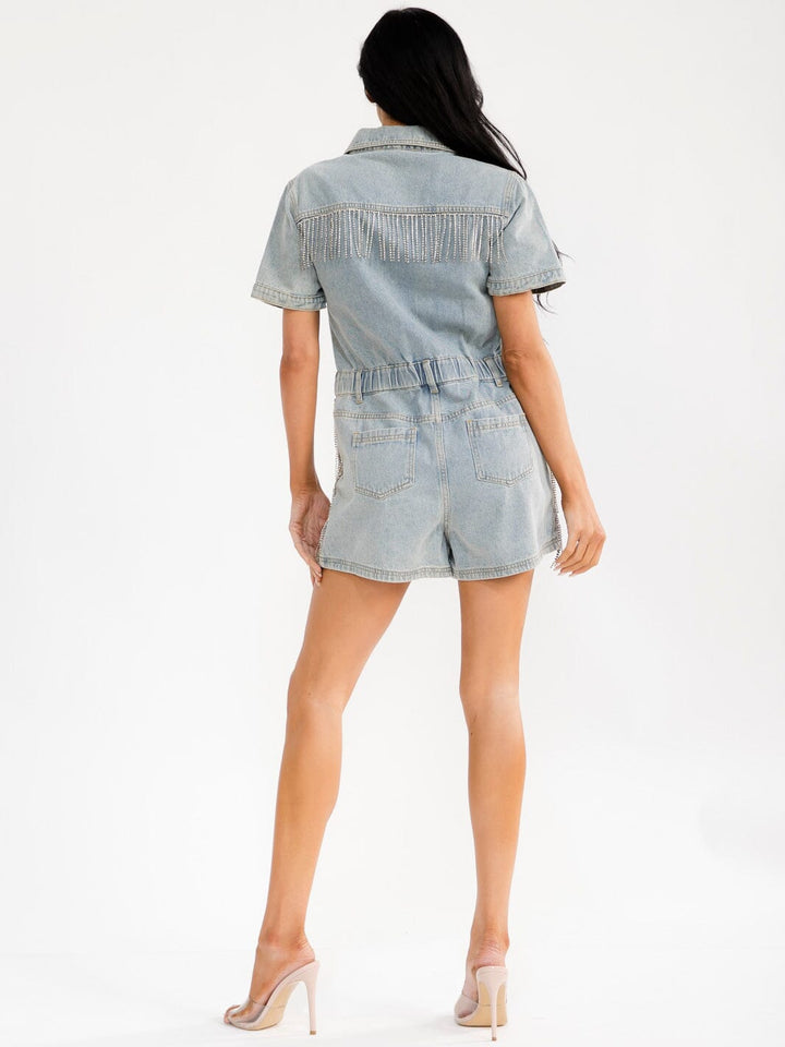 WOMEN'S SHORT SLEEVE BUTTON UP FRONT POCKETS FRINGE DENIM ROMPER