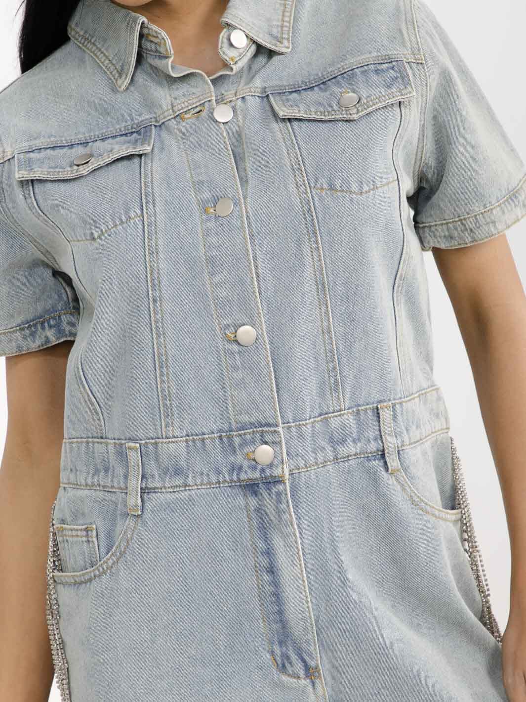 WOMEN'S SHORT SLEEVE BUTTON UP FRONT POCKETS FRINGE DENIM ROMPER