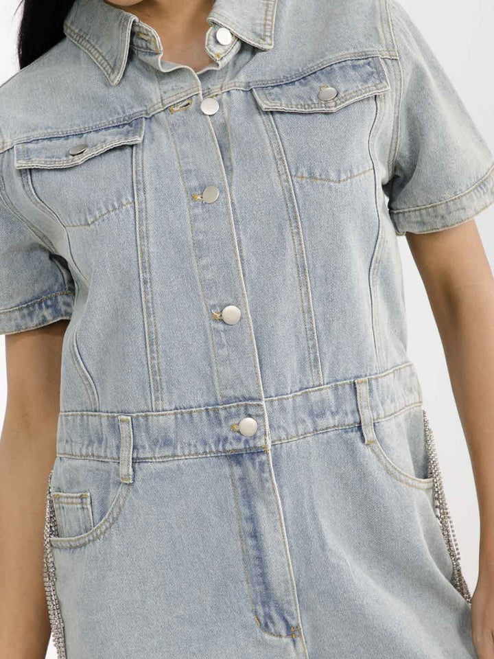 WOMEN'S SHORT SLEEVE BUTTON UP FRONT POCKETS FRINGE DENIM ROMPER