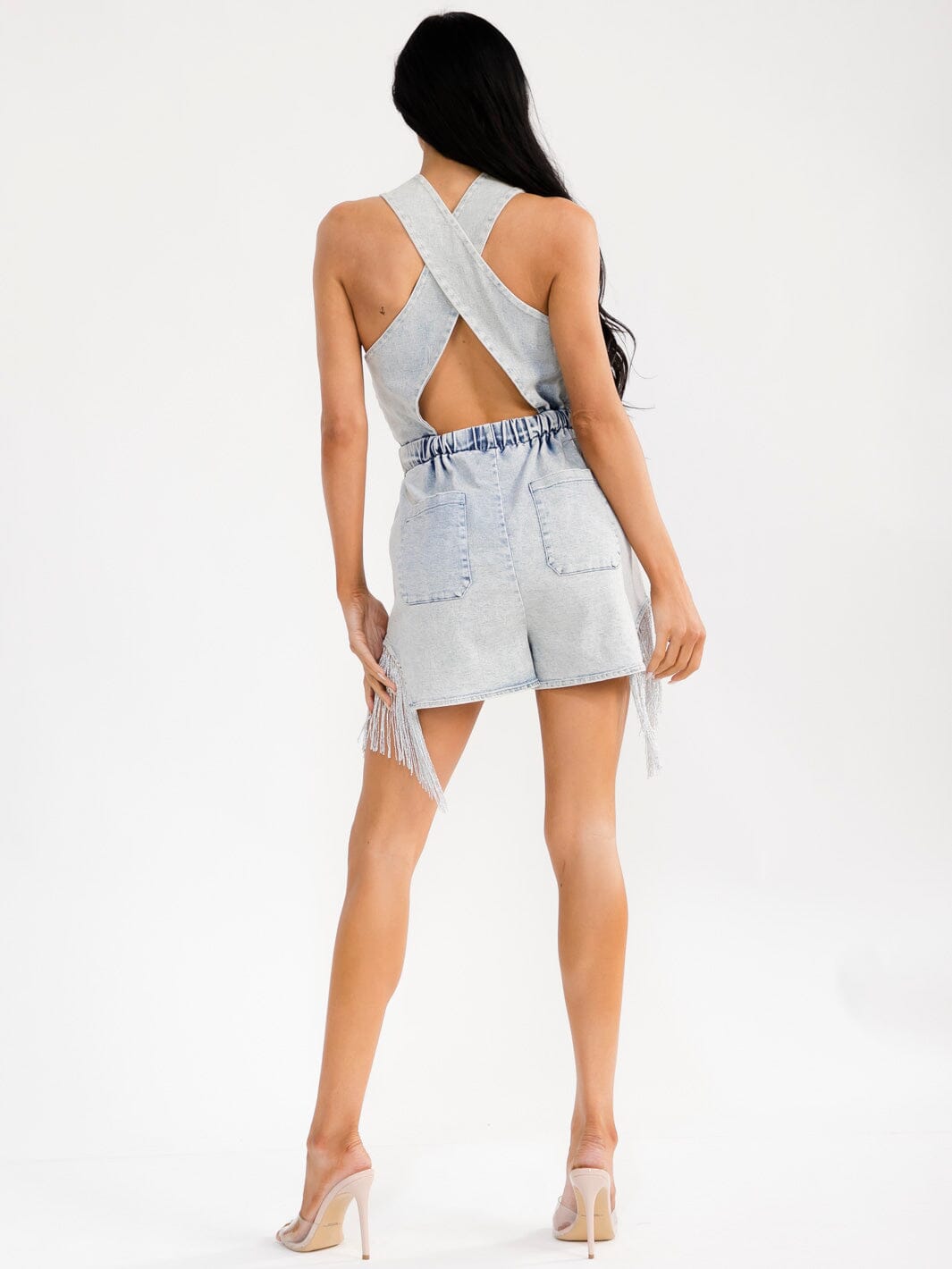 WOMEN'S SLEEVELESS HALTER NECK FRONT POCKETS ELASTIC WAIST FRINGE DENIM ROMPER