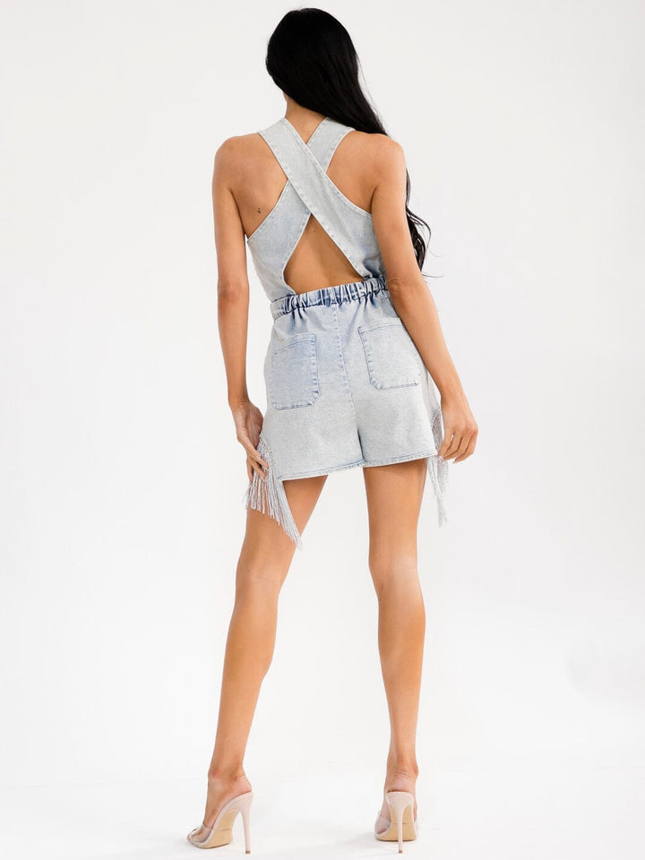 WOMEN'S SLEEVELESS HALTER NECK FRONT POCKETS ELASTIC WAIST FRINGE DENIM ROMPER