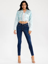 WOMEN'S LONG SLEEVE BUTTON UP FRONT POCKETS METALLIC DENIM CROP JACKET