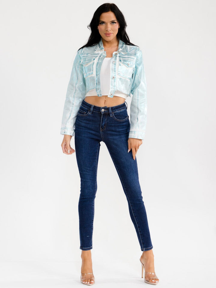 WOMEN'S LONG SLEEVE BUTTON UP FRONT POCKETS METALLIC DENIM CROP JACKET