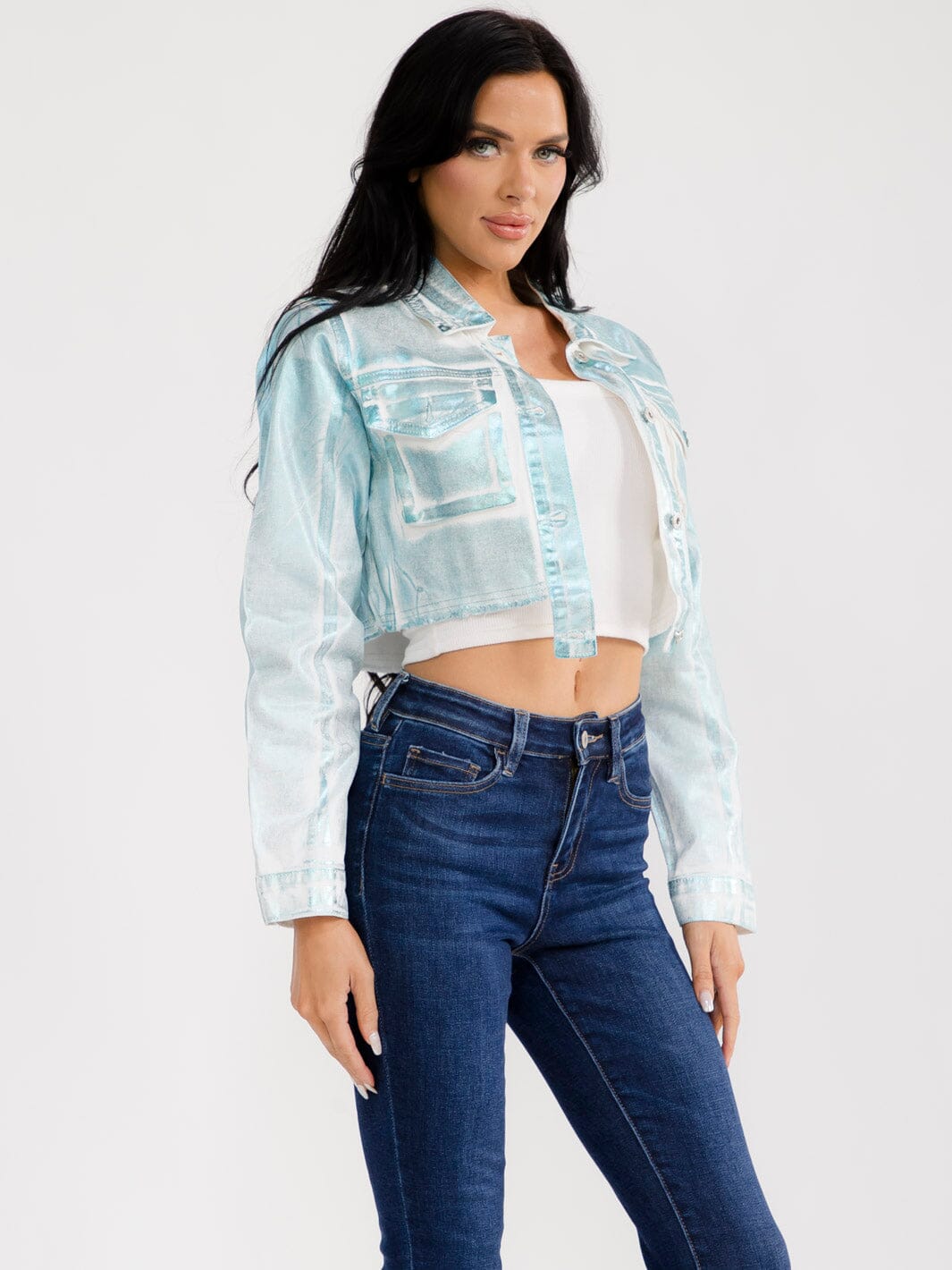 WOMEN'S LONG SLEEVE BUTTON UP FRONT POCKETS METALLIC DENIM CROP JACKET