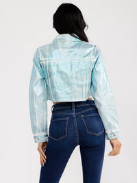WOMEN'S LONG SLEEVE BUTTON UP FRONT POCKETS METALLIC DENIM CROP JACKET