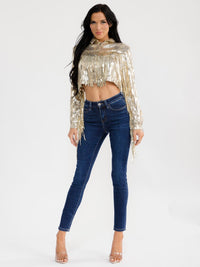 WOMEN'S LONG SLEEVE BUTTON CLOSURE SEQUINS FRINGE CROP JACKET