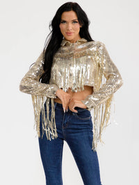 WOMEN'S LONG SLEEVE BUTTON CLOSURE SEQUINS FRINGE CROP JACKET