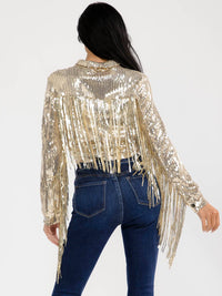 WOMEN'S LONG SLEEVE BUTTON CLOSURE SEQUINS FRINGE CROP JACKET