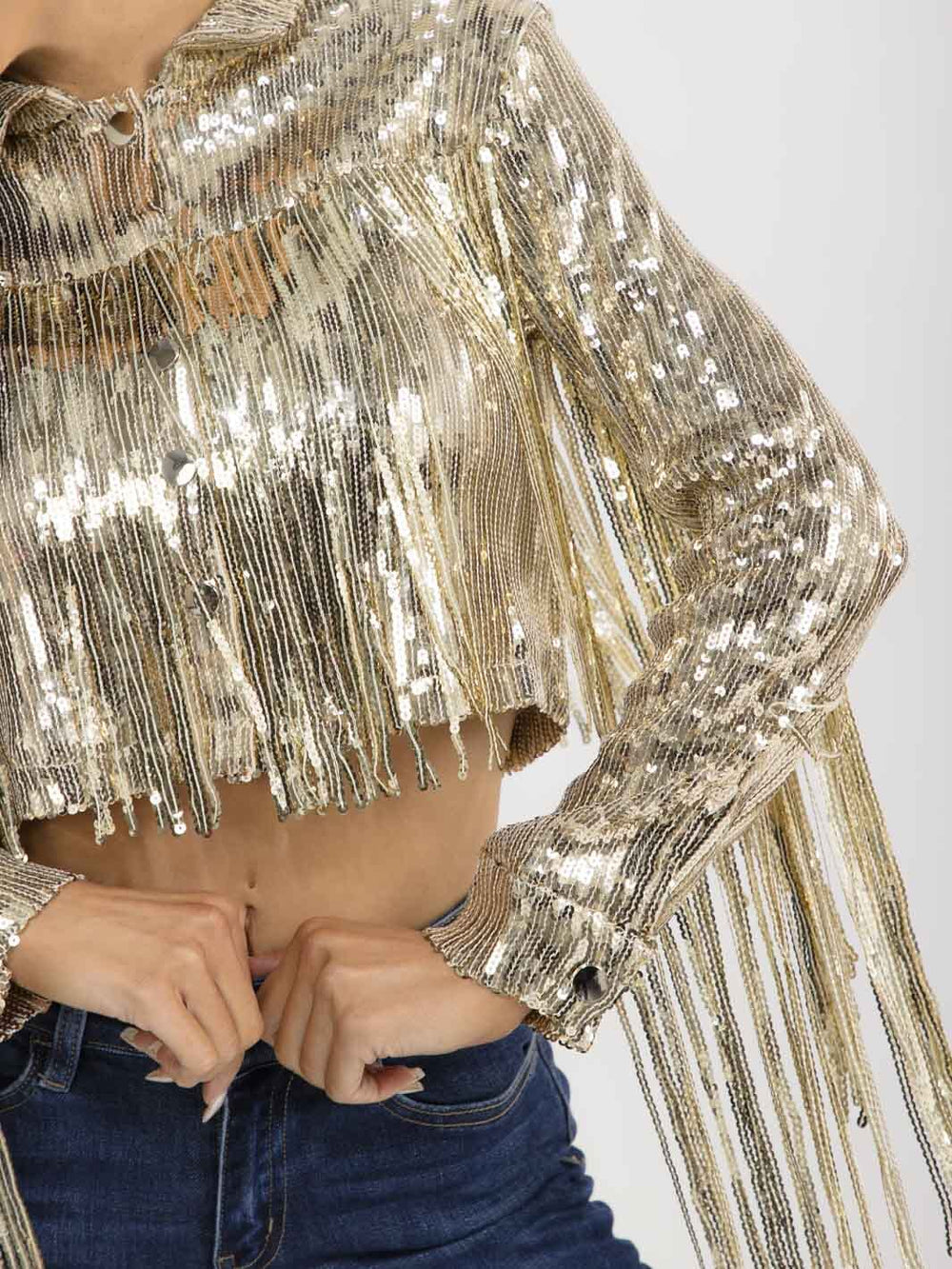 WOMEN'S LONG SLEEVE BUTTON CLOSURE SEQUINS FRINGE CROP JACKET