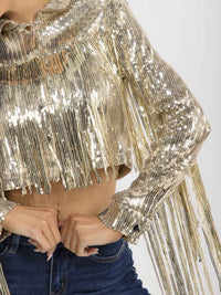 WOMEN'S LONG SLEEVE BUTTON CLOSURE SEQUINS FRINGE CROP JACKET