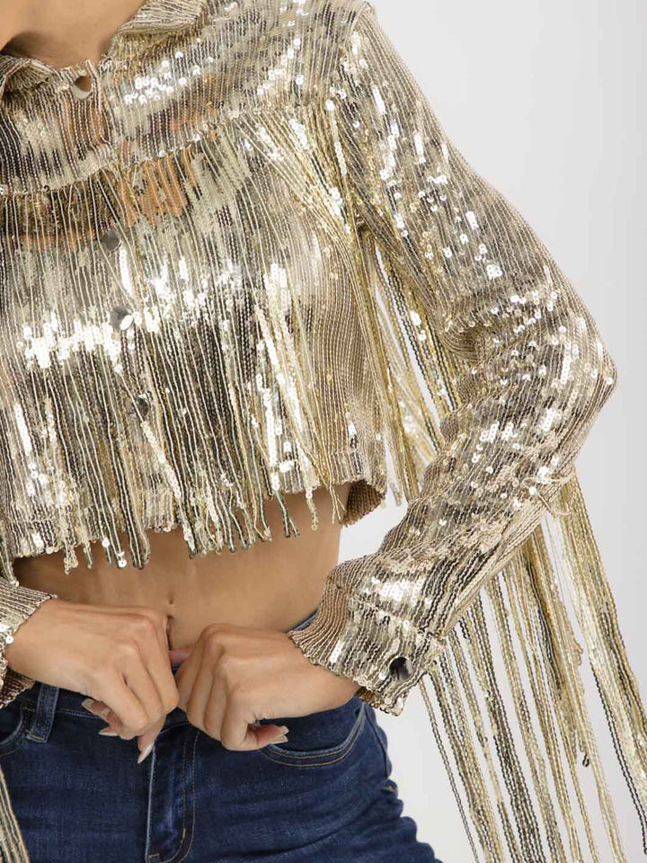 WOMEN'S LONG SLEEVE BUTTON CLOSURE SEQUINS FRINGE CROP JACKET