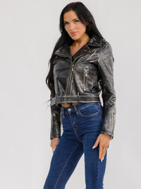 WOMEN'S LONG SLEEVE ZIP UP FRONT POCKETS PU PLEATHER BELTED JACKET