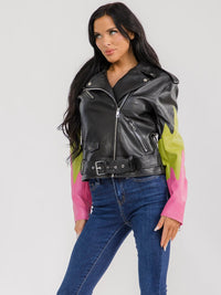 WOMEN'S LONG SLEEVE ZIP UP POCKETS PU PLEATHER BELTED JACKET