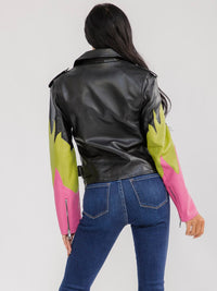 WOMEN'S LONG SLEEVE ZIP UP POCKETS PU PLEATHER BELTED JACKET