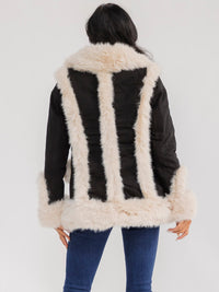 WOMEN'S LONG SLEEVE BUTTON CLOSURE POCKETS FAUX FUR DENIM JACKET