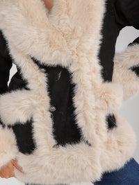 WOMEN'S LONG SLEEVE BUTTON CLOSURE POCKETS FAUX FUR DENIM JACKET