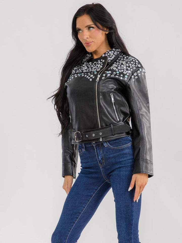 WOMEN'S LONG SLEEVE ZIP UP POCKETS BELTED PU PLEATHER STUDS JACKET