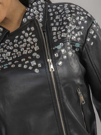 WOMEN'S LONG SLEEVE ZIP UP POCKETS BELTED PU PLEATHER STUDS JACKET