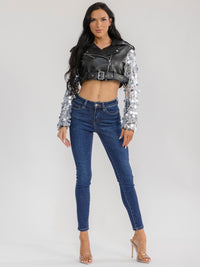 WOMEN'S LONG SLEEVE ZIP UP FRONT BELT PU PLEATHER SEQUINS CROP JACKET