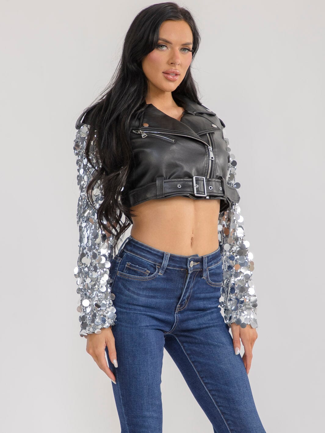 WOMEN'S LONG SLEEVE ZIP UP FRONT BELT PU PLEATHER SEQUINS CROP JACKET