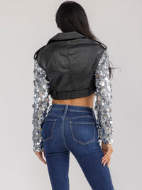 WOMEN'S LONG SLEEVE ZIP UP FRONT BELT PU PLEATHER SEQUINS CROP JACKET