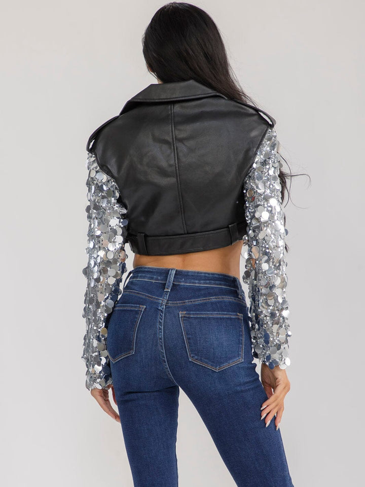 WOMEN'S LONG SLEEVE ZIP UP FRONT BELT PU PLEATHER SEQUINS CROP JACKET