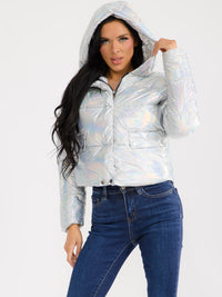 WOMEN'S LONG SLEEVE ZIP UP FRONT POCKETS PUFFER HOODED JACKET
