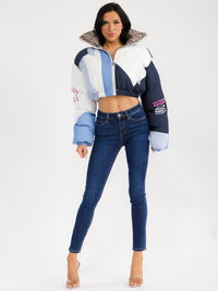 WOMEN'S LONG SLEEVE ZIP UP POCKETS COLORBLOCK PUFFER CROP JACKET
