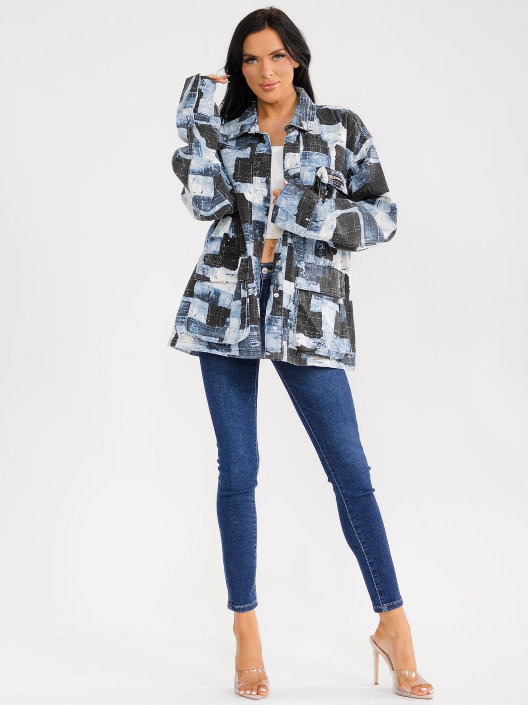 WOMEN'S LONG SLEEVE BUTTON CLOSURE POCKETS COLORBLOCK DENIM JACKET