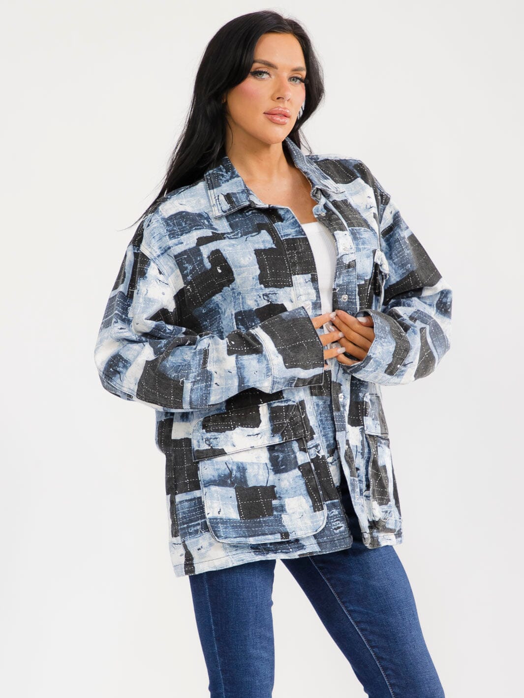 WOMEN'S LONG SLEEVE BUTTON CLOSURE POCKETS COLORBLOCK DENIM JACKET