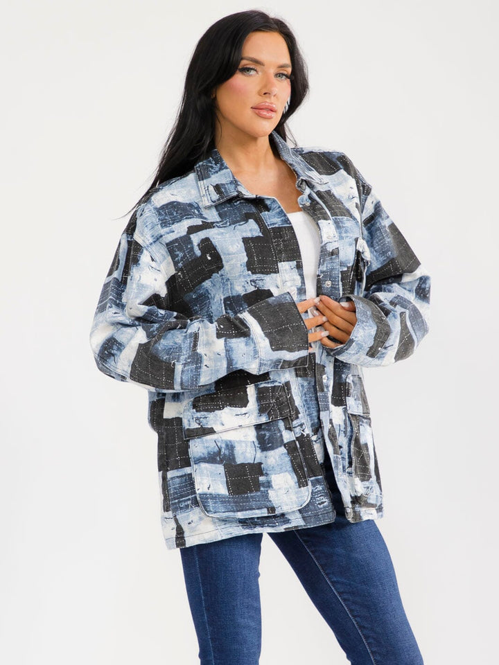 WOMEN'S LONG SLEEVE BUTTON CLOSURE POCKETS COLORBLOCK DENIM JACKET