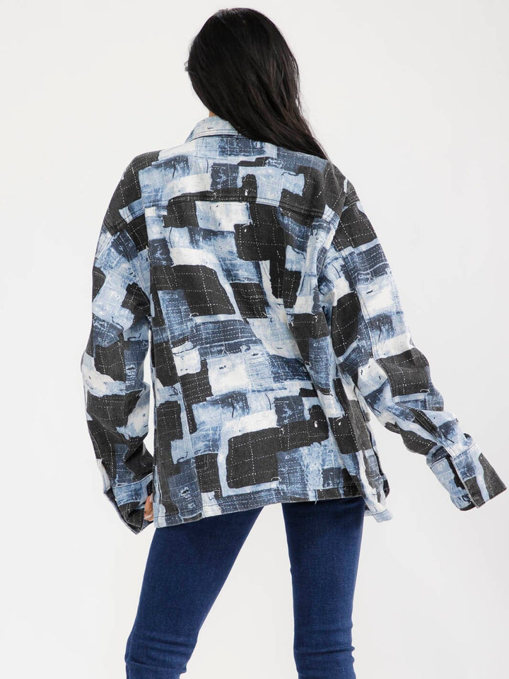 WOMEN'S LONG SLEEVE BUTTON CLOSURE POCKETS COLORBLOCK DENIM JACKET