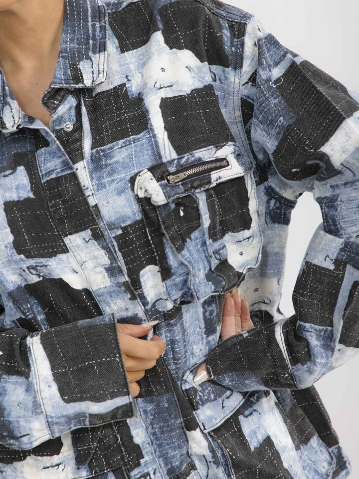 WOMEN'S LONG SLEEVE BUTTON CLOSURE POCKETS COLORBLOCK DENIM JACKET