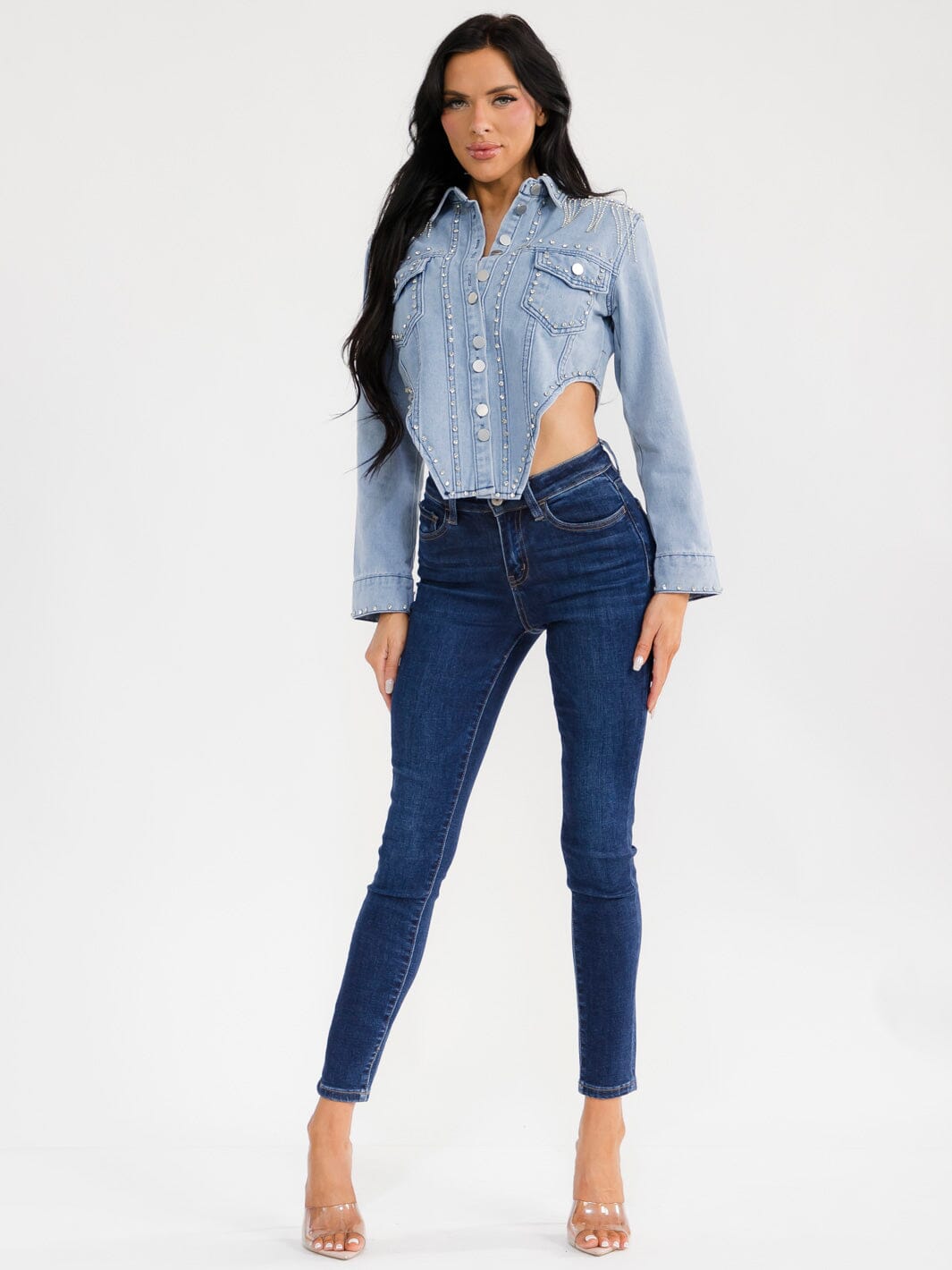 WOMEN'S LONG SLEEVE BUTTON CLOSURE FRONT POCKETS RHINESTONES FRINGE DENIM TOP